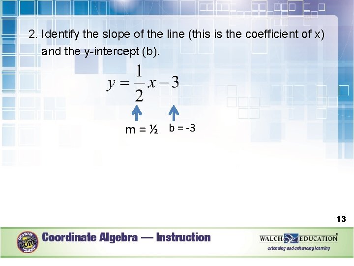 2. Identify the slope of the line (this is the coefficient of x) and