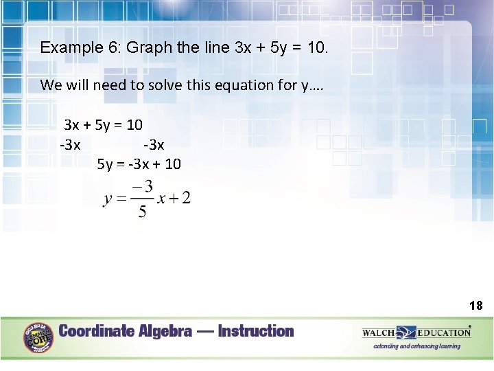 Example 6: Graph the line 3 x + 5 y = 10. We will