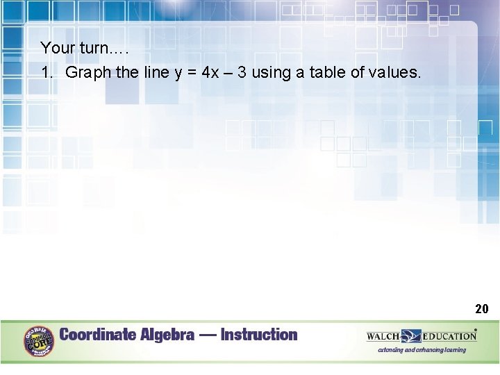 Your turn…. 1. Graph the line y = 4 x – 3 using a