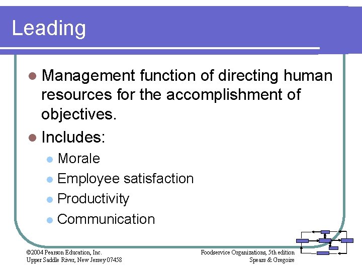 Leading l Management function of directing human resources for the accomplishment of objectives. l Leading l Management function of directing human resources for the accomplishment of objectives. l