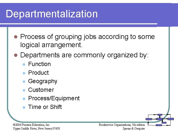 Departmentalization Process of grouping jobs according to some logical arrangement. l Departments are commonly Departmentalization Process of grouping jobs according to some logical arrangement. l Departments are commonly