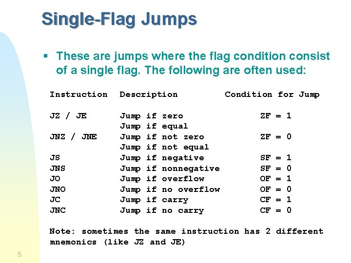 Single-Flag Jumps § These are jumps where the flag condition consist of a single Single-Flag Jumps § These are jumps where the flag condition consist of a single