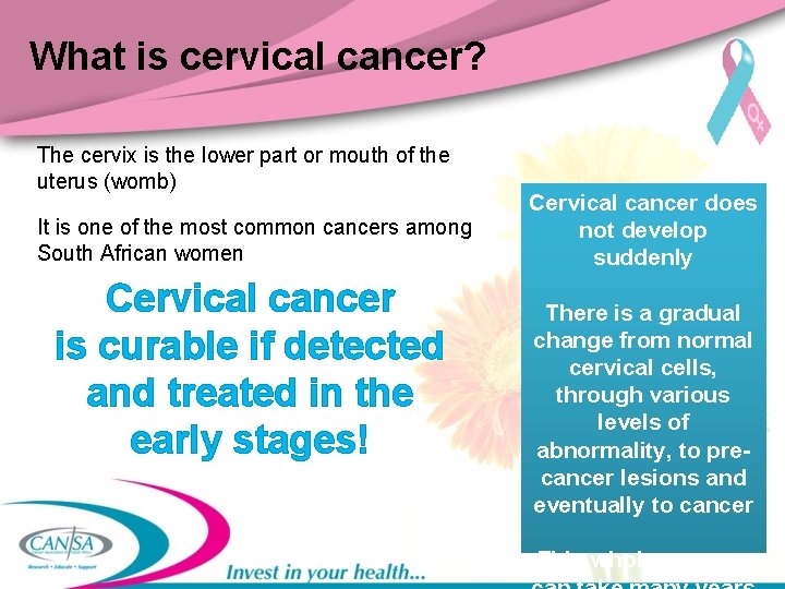 What is cervical cancer? The cervix is the lower part or mouth of the