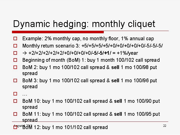 Dynamic hedging: monthly cliquet o o o Example: 2% monthly cap, no monthly floor,
