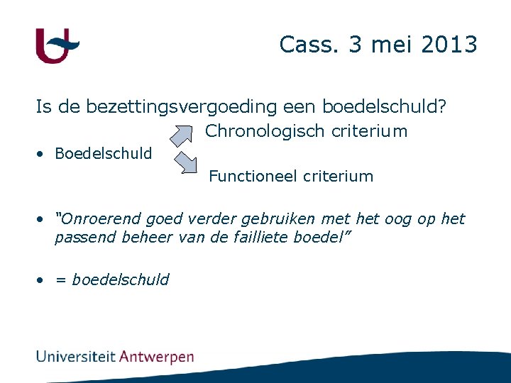 Cass. 3 mei 2013 Is de bezettingsvergoeding een boedelschuld? Chronologisch criterium • Boedelschuld Functioneel
