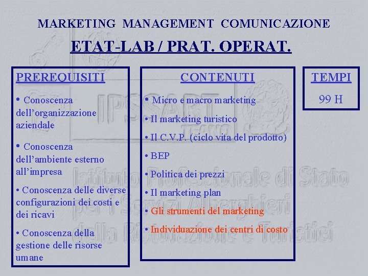 MARKETING MANAGEMENT COMUNICAZIONE ETAT-LAB / PRAT. OPERAT. PREREQUISITI CONTENUTI • Conoscenza • Micro e