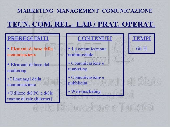 MARKETING MANAGEMENT COMUNICAZIONE TECN. COM. REL. - LAB / PRAT. OPERAT. PREREQUISITI CONTENUTI •