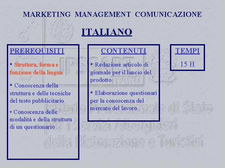 MARKETING MANAGEMENT COMUNICAZIONE ITALIANO PREREQUISITI CONTENUTI • Struttura, forma e • Redazione articolo di