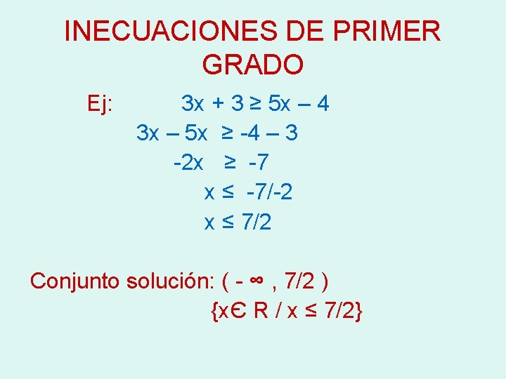 INECUACIONES DE PRIMER GRADO Ej: 3 x + 3 ≥ 5 x – 4
