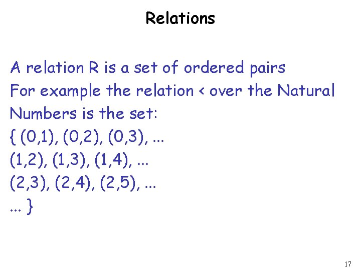 Relations A relation R is a set of ordered pairs For example the relation