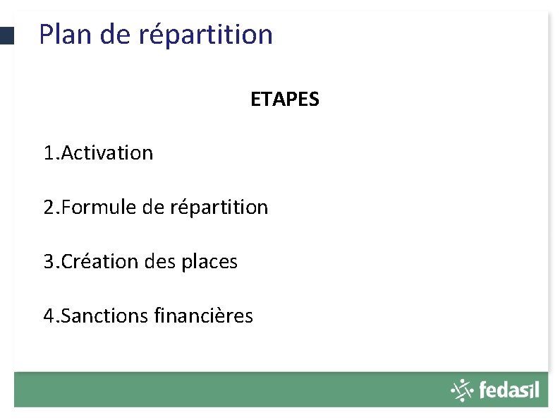 Plan de répartition ETAPES 1. Activation 2. Formule de répartition D 3. Création des