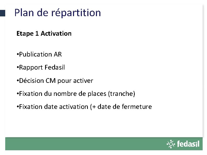 Plan de répartition Etape 1 Activation • Publication AR • Rapport Fedasil • Décision