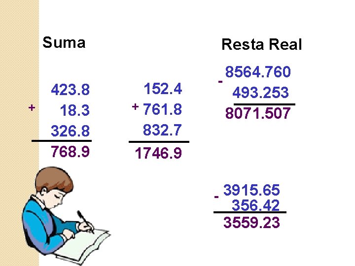 Suma 423. 8 + 18. 3 326. 8 768. 9 Resta Real 152. 4 Suma 423. 8 + 18. 3 326. 8 768. 9 Resta Real 152. 4