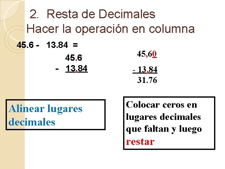 2. Resta de Decimales Hacer la operación en columna 45. 6 - 13. 84 2. Resta de Decimales Hacer la operación en columna 45. 6 - 13. 84
