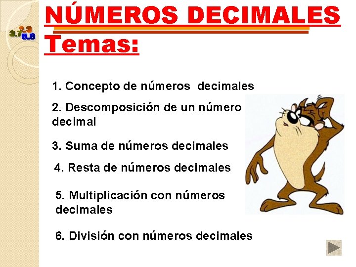 NÚMEROS DECIMALES Temas: 1. Concepto de números decimales 2. Descomposición de un número decimal NÚMEROS DECIMALES Temas: 1. Concepto de números decimales 2. Descomposición de un número decimal