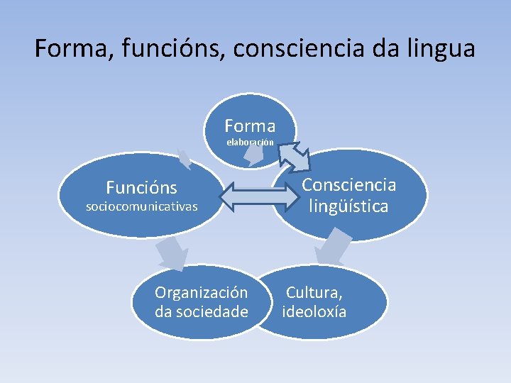 Forma, funcións, consciencia da lingua Forma elaboración Funcións sociocomunicativas Organización da sociedade Consciencia lingüística