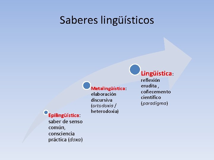 Saberes lingüísticos Lingüística: Epilingüística: saber de senso común, consciencia práctica (doxa) Metalingüística: elaboración discursiva