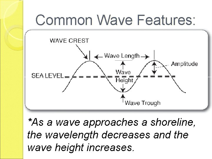 Common Wave Features: *As a wave approaches a shoreline, the wavelength decreases and the