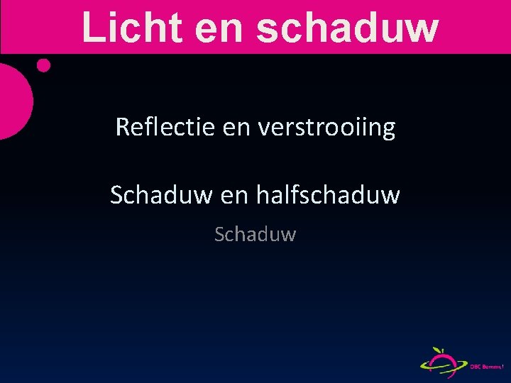 Licht en schaduw Reflectie en verstrooiing Schaduw en halfschaduw Schaduw 