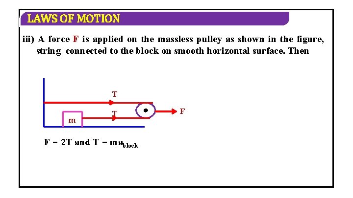 LAWS OF MOTION iii) A force F is applied on the massless pulley as