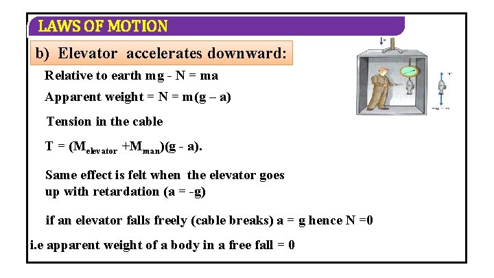 LAWS OF MOTION b) Elevator accelerates downward: Relative to earth mg - N =