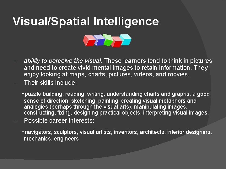 Visual/Spatial Intelligence ability to perceive the visual. These learners tend to think in pictures
