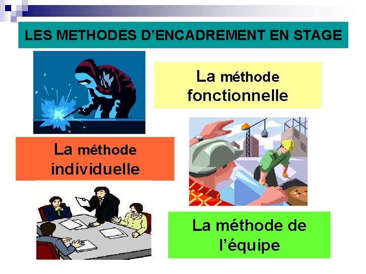 LES METHODES D’ENCADREMENT EN STAGE La méthode fonctionnelle La méthode individuelle La méthode de