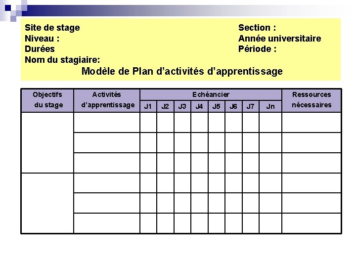 Site de stage Niveau : Durées Nom du stagiaire: Section : Année universitaire Période