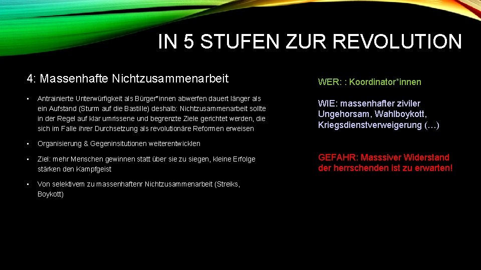 IN 5 STUFEN ZUR REVOLUTION 4: Massenhafte Nichtzusammenarbeit • Antrainierte Unterwürfigkeit als Bürger*innen abwerfen