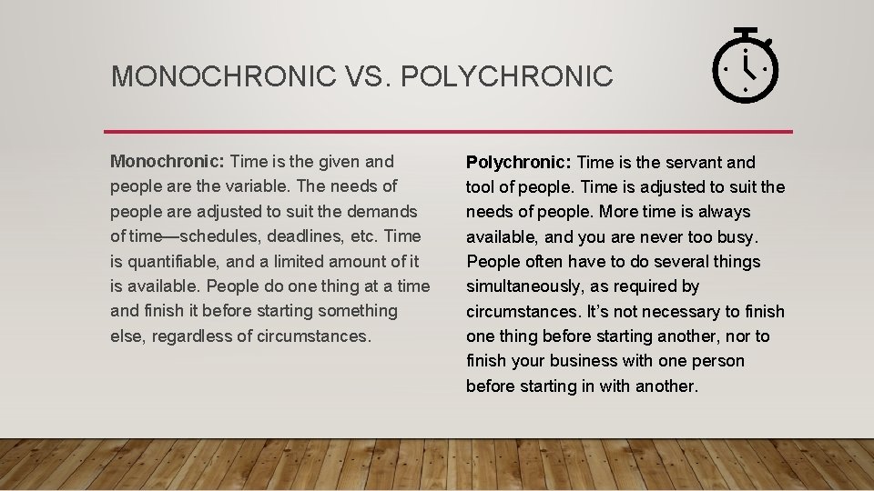 MONOCHRONIC VS. POLYCHRONIC Monochronic: Time is the given and people are the variable. The