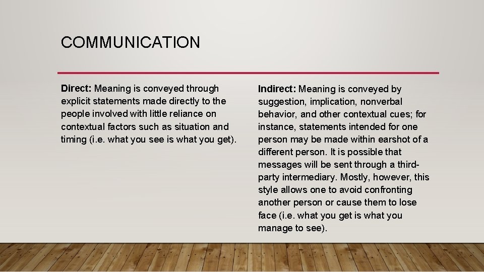 COMMUNICATION Direct: Meaning is conveyed through explicit statements made directly to the people involved