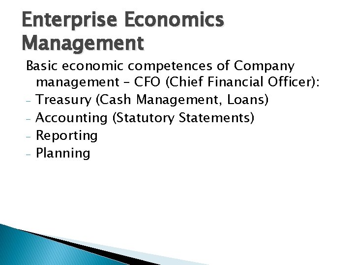 Enterprise Economics Management Basic economic competences of Company management – CFO (Chief Financial Officer):