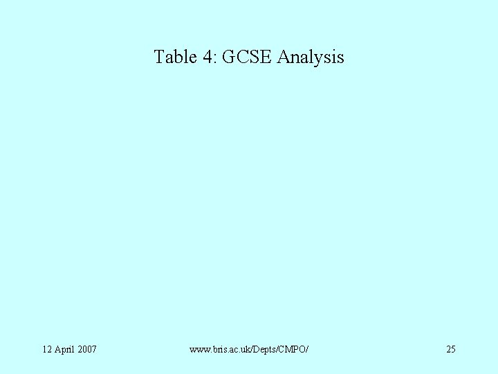 Table 4: GCSE Analysis 12 April 2007 www. bris. ac. uk/Depts/CMPO/ 25 