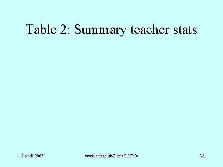 Table 2: Summary teacher stats 12 April 2007 www. bris. ac. uk/Depts/CMPO/ 32 