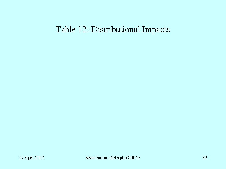 Table 12: Distributional Impacts 12 April 2007 www. bris. ac. uk/Depts/CMPO/ 39 