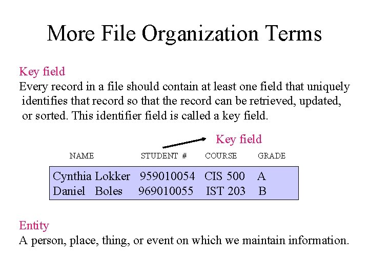 More File Organization Terms Key field Every record in a file should contain at