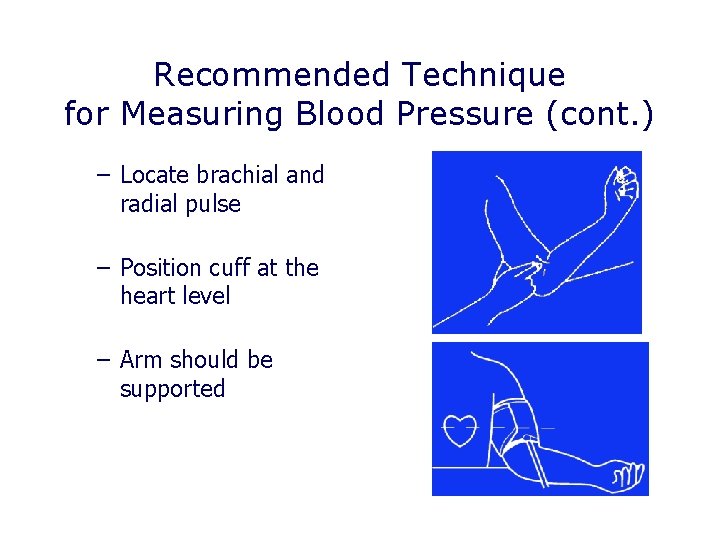 Recommended Technique for Measuring Blood Pressure (cont. ) – Locate brachial and radial pulse Recommended Technique for Measuring Blood Pressure (cont. ) – Locate brachial and radial pulse