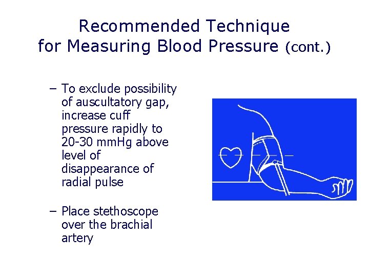 Recommended Technique for Measuring Blood Pressure (cont. ) – To exclude possibility of auscultatory Recommended Technique for Measuring Blood Pressure (cont. ) – To exclude possibility of auscultatory