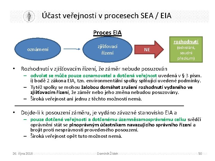 Účast veřejnosti v procesech SEA / EIA Proces EIA oznámení zjišťovací řízení rozhodnutí NE