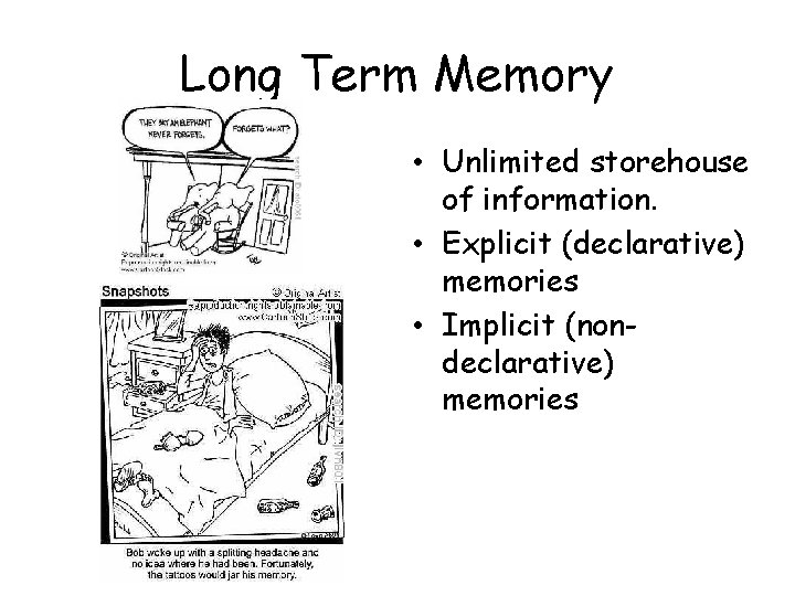 Long Term Memory • Unlimited storehouse of information. • Explicit (declarative) memories • Implicit