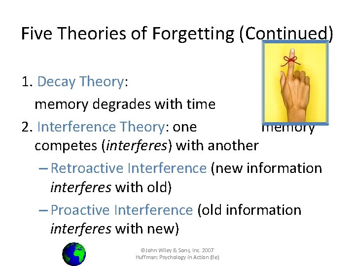 Five Theories of Forgetting (Continued) 1. Decay Theory: memory degrades with time 2. Interference