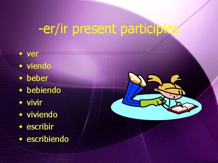 -er/ir present participles w w w w ver viendo beber bebiendo vivir viviendo escribir