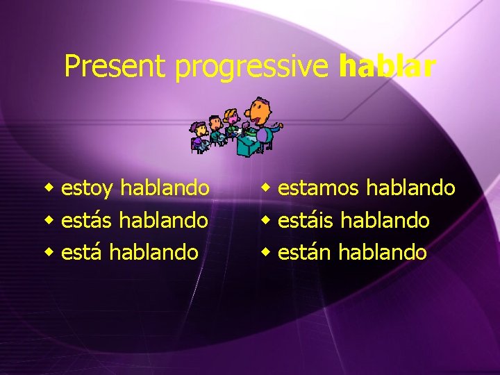 Present progressive hablar w estoy hablando w estás hablando w está hablando w estamos