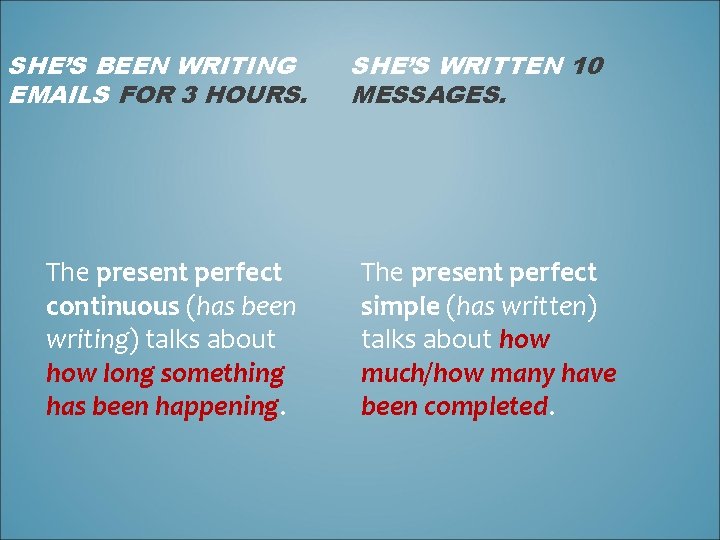 SHE’S BEEN WRITING EMAILS FOR 3 HOURS. The present perfect continuous (has been writing)