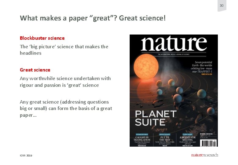 30 What makes a paper “great”? Great science! Blockbuster science The ‘big picture’ science 30 What makes a paper “great”? Great science! Blockbuster science The ‘big picture’ science