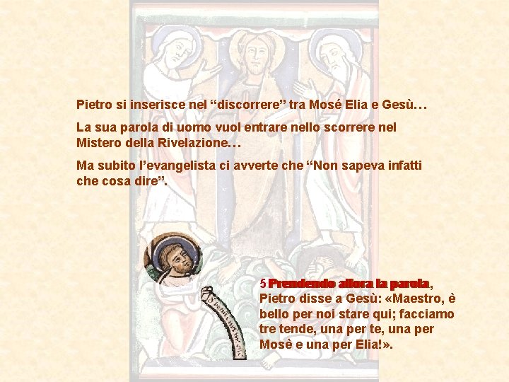 Pietro si inserisce nel “discorrere” tra Mosé Elia e Gesù… La sua parola di