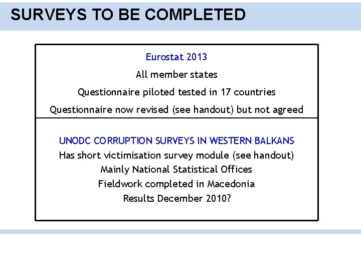 SURVEYS TO BE COMPLETED Eurostat 2013 All member states Questionnaire piloted tested in 17