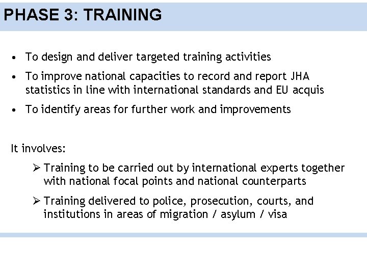 PHASE 3: TRAINING • To design and deliver targeted training activities • To improve