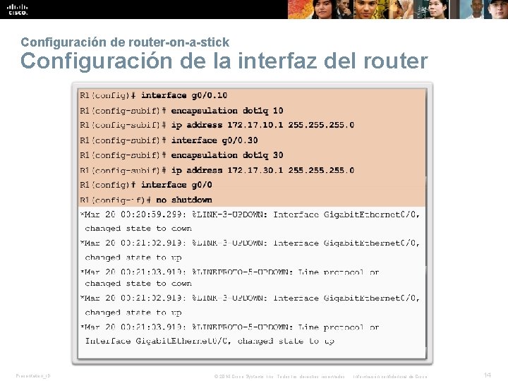 Configuración de router-on-a-stick Configuración de la interfaz del router Presentation_ID © 2014 Cisco Systems,