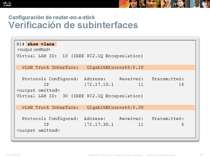 Configuración de router-on-a-stick Verificación de subinterfaces Presentation_ID © 2014 Cisco Systems, Inc. Todos los